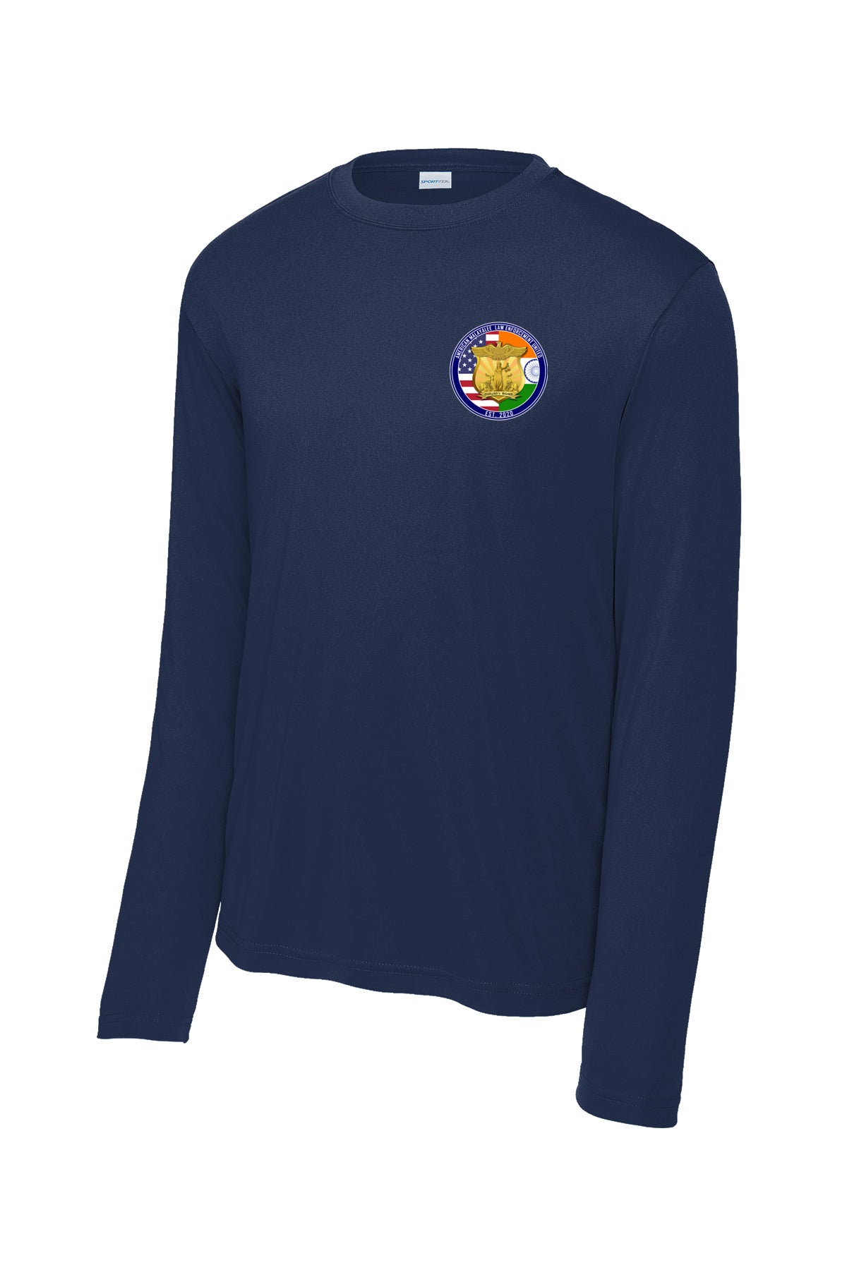 AMLEU Malayalee Performance Long Sleeve ST350LS True Navy front view with AMLEU left chest emblem