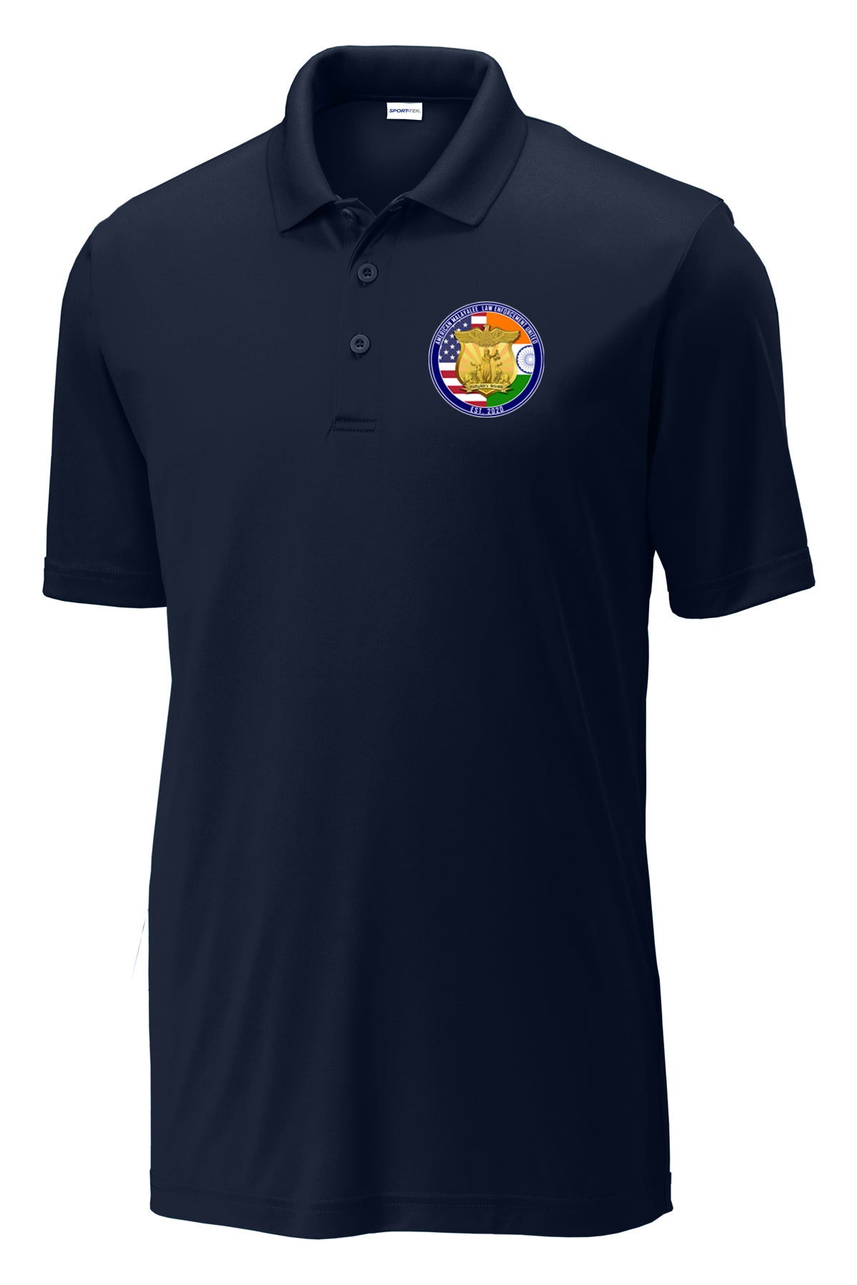 AMLEU Malayalee Performance Polo ST550 True Navy front view with AMLEU left chest emblem