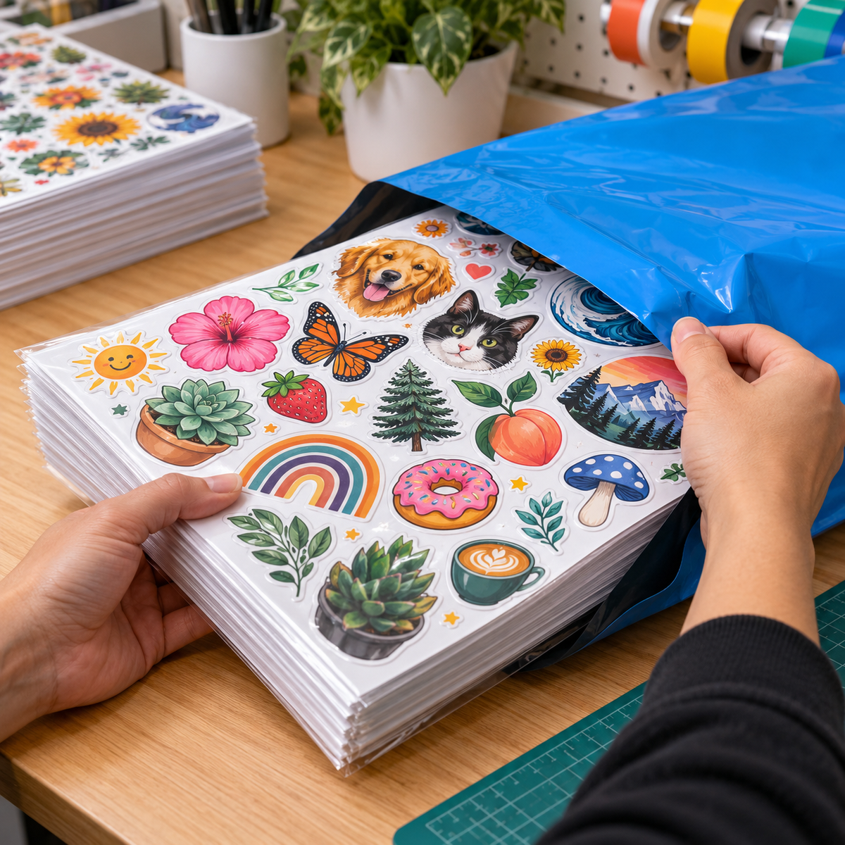 Custom vinyl sticker gang sheets being packed into a poly mailer