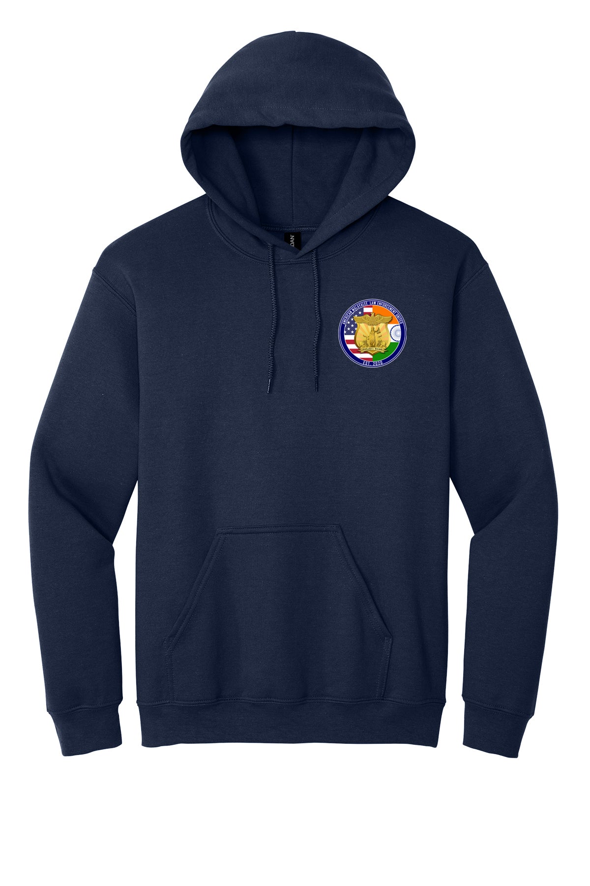 AMLEU Malayalee Hoodie 18500 Navy front view with AMLEU left chest emblem