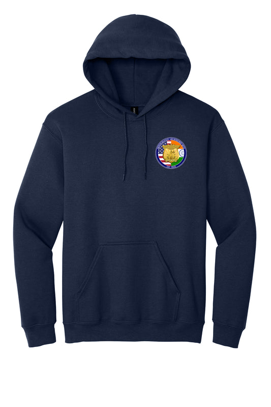 AMLEU Malayalee Hoodie 18500 Navy front view with AMLEU left chest emblem