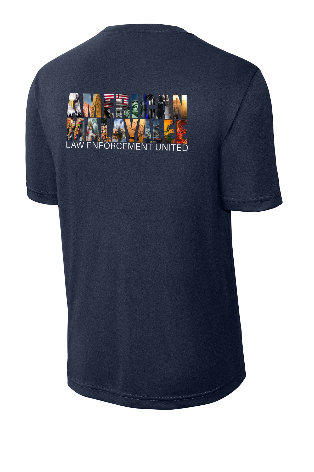 AMLEU Malayalee Performance T-Shirt ST350 True Navy back view with American Malayalee design