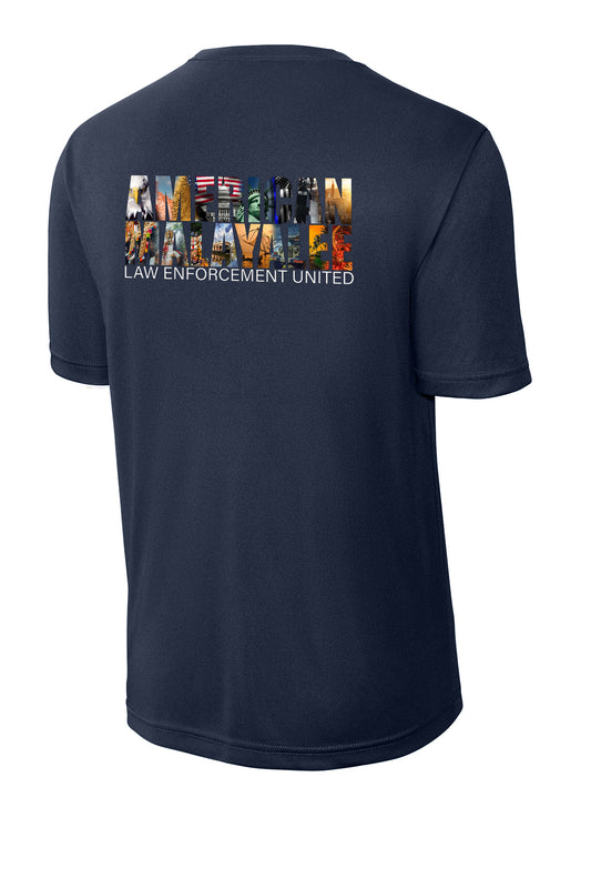 AMLEU Malayalee Performance T-Shirt ST350 True Navy back view with American Malayalee design