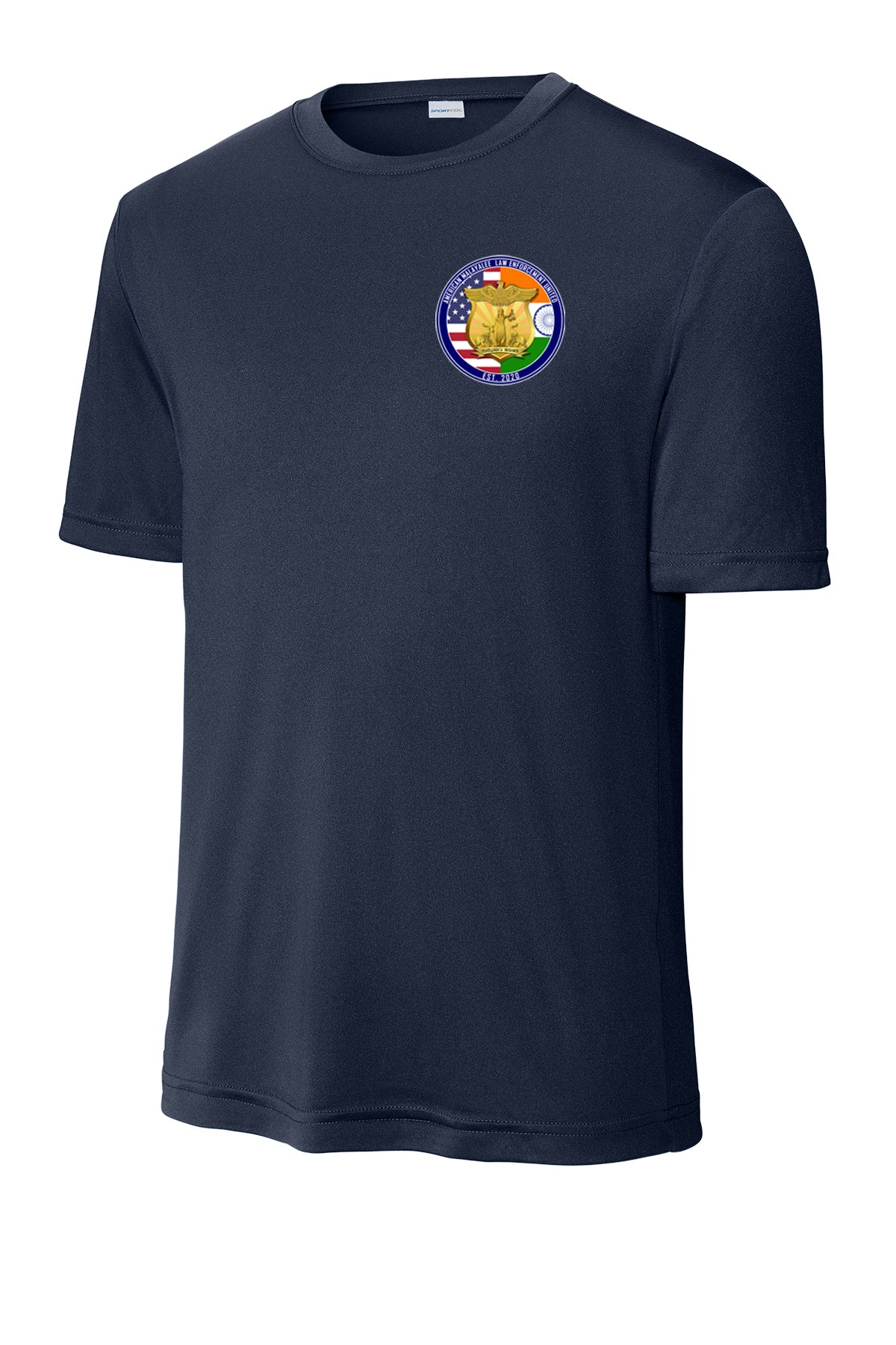 AMLEU Malayalee Performance T-Shirt ST350 True Navy front view with AMLEU left chest emblem