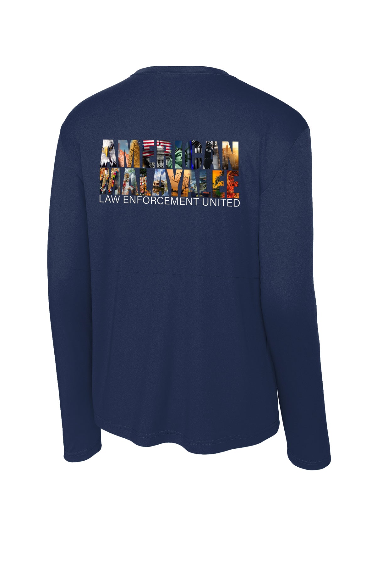 AMLEU Malayalee Performance Long Sleeve ST350LS True Navy back view with American Malayalee design