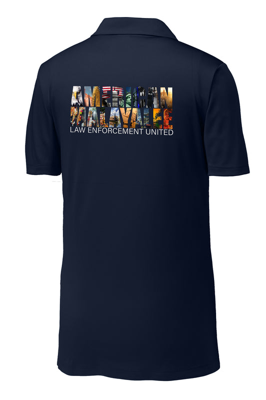 AMLEU Malayalee Performance Polo ST550 True Navy back view with American Malayalee design