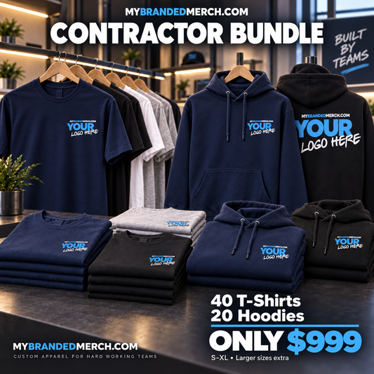 Contractor Bundle with 40 PC55 T-shirts and 20 PC78H hoodies, custom logo printing, starting at $999 for sizes S–XL.