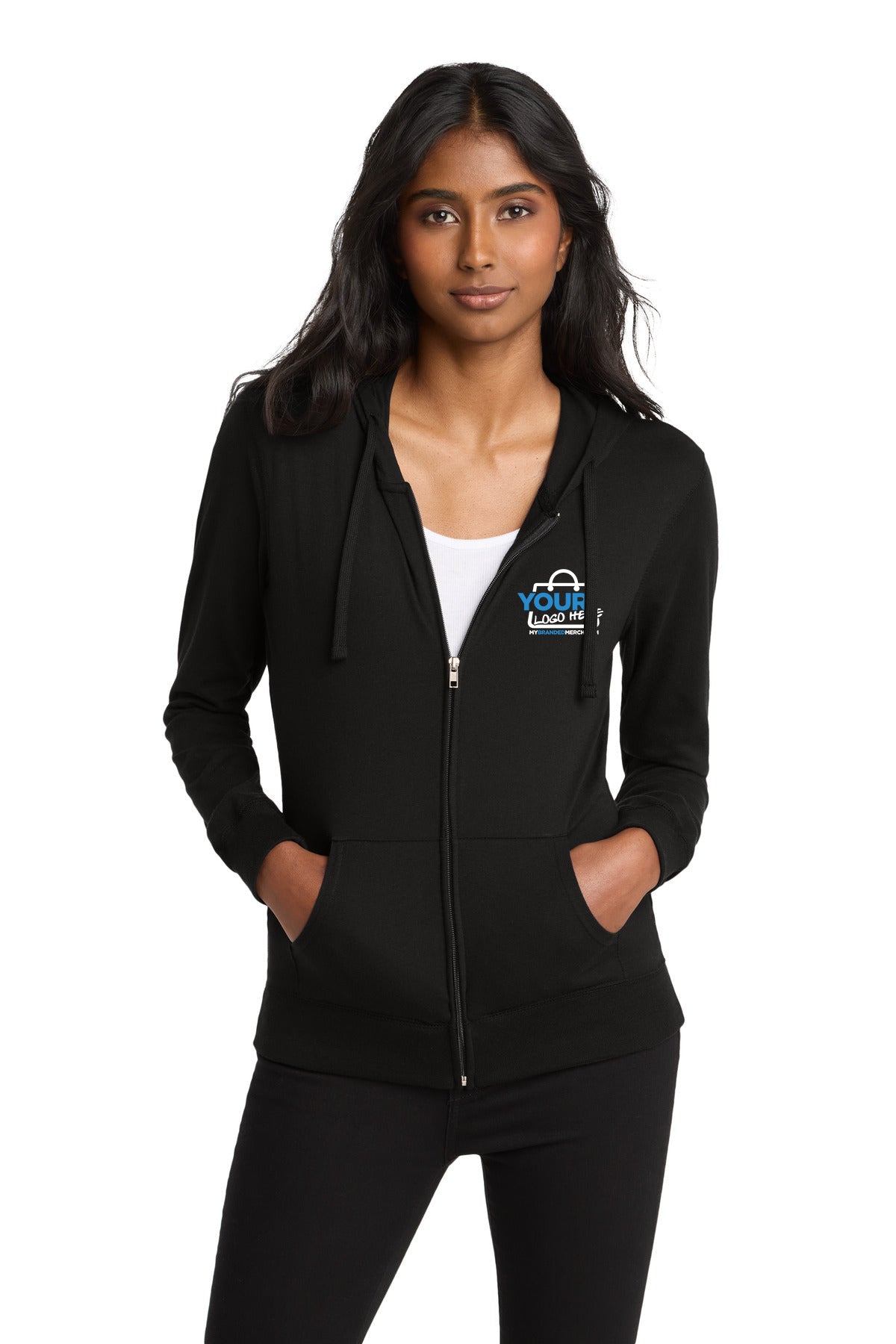 Custom logo District® Women's Fitted Jersey Full-Zip Hoodie. DT2100 decoration preview