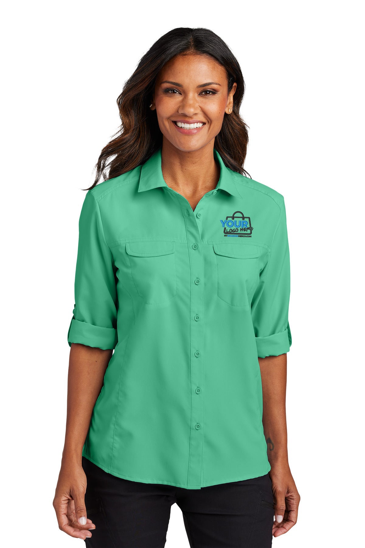 Custom logo Port Authority® Women's Long Sleeve UV Daybreak Shirt LW960 decoration preview